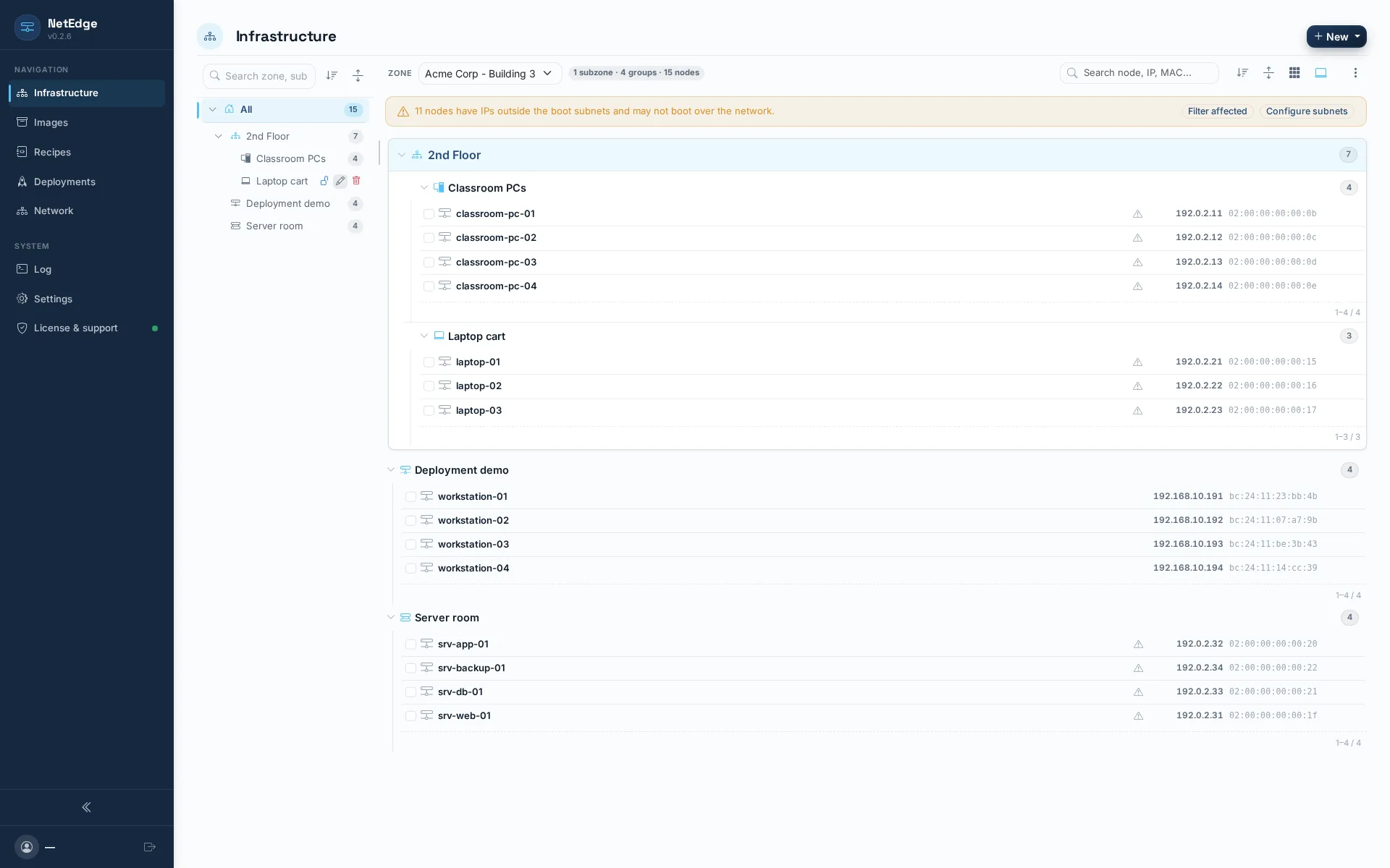 Inventario de infraestructura y equipos en el panel web de Stranola